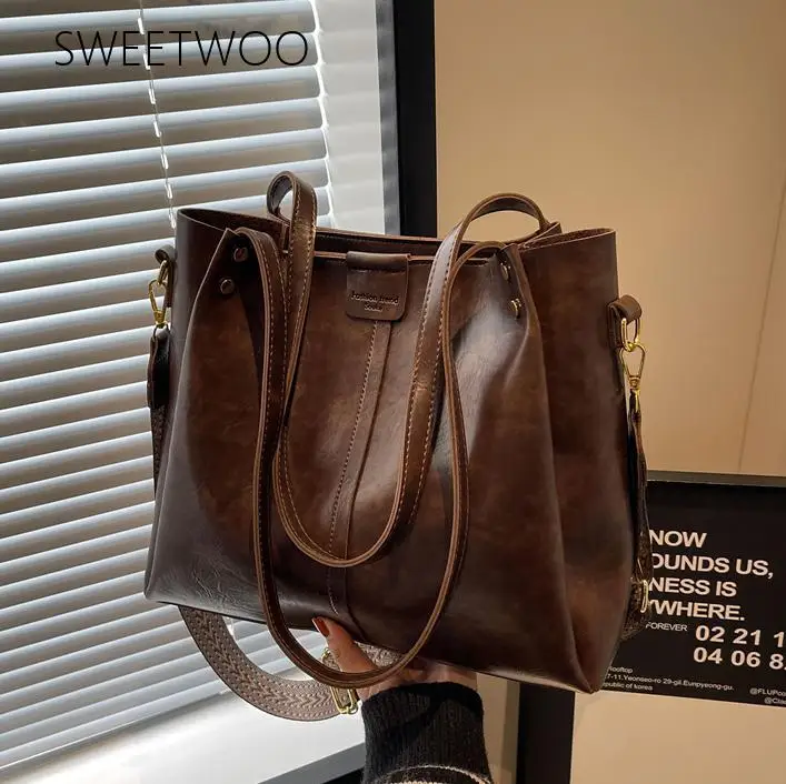 Vintage Distressed Soft-Leather Large-Capacity Wide-Strap Tote Shoulder Bag