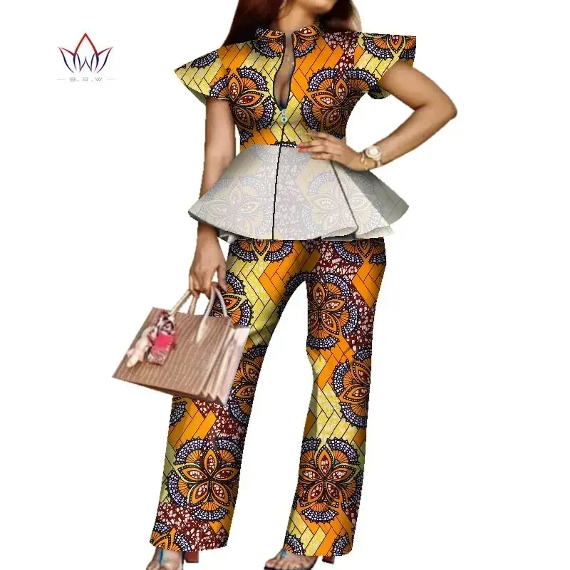 BRW Cotton Africa Style Sets Suits for Women 2 Piece Zipper Tops and Pants Dashiki African Women Clothing Party Clothes WY7591