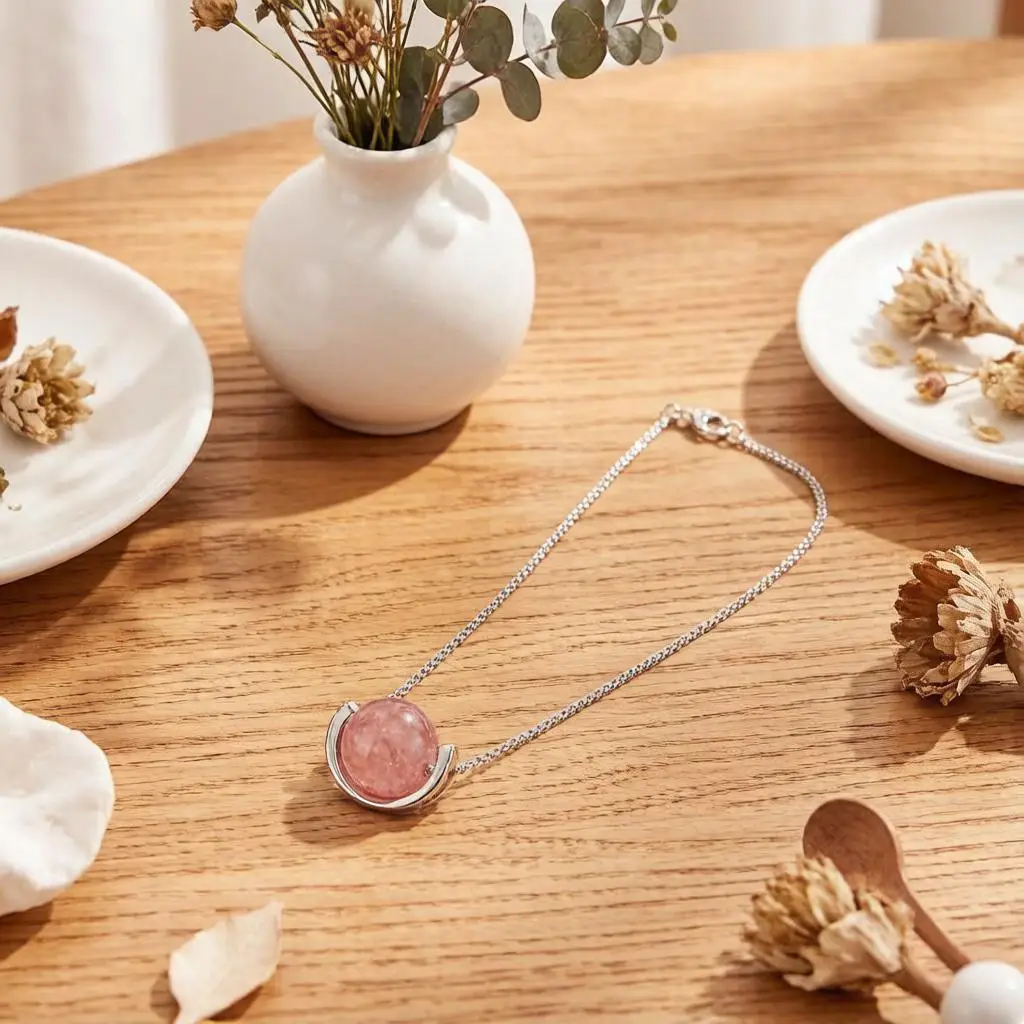 Sweet 925 Sterling Silver Round Pink Strawberry Quartz Pendant Necklaces for Women Girls Wedding Party Fashion Jewelry Gifts