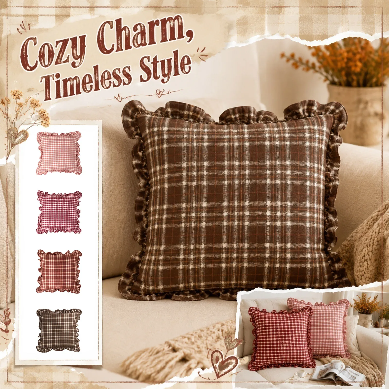 45x45cm Pillowcase Sofa Living Room American Retro Square Wood Bed Red Checkered Waist Pillow Cover Core free Headboard Backrest