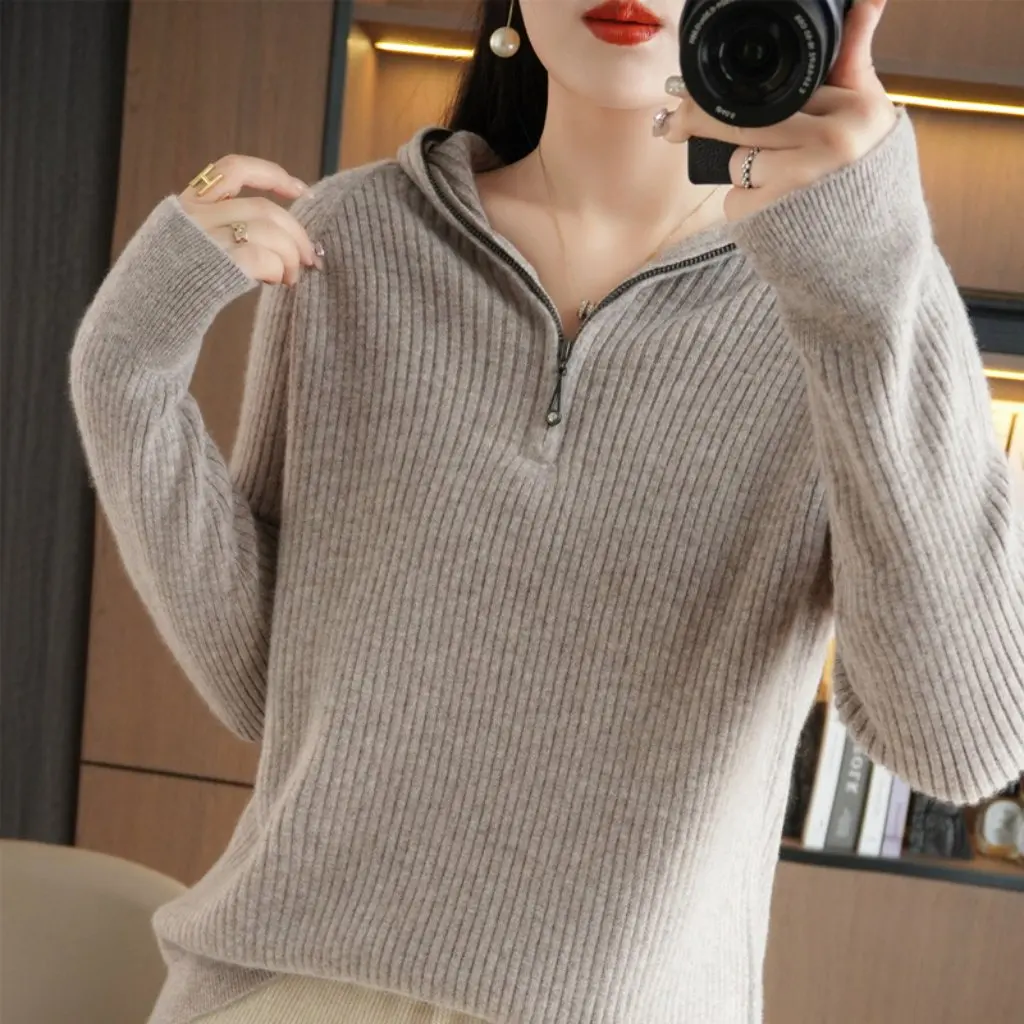 

Women's Hooded Knitted Sweater Solid Color Pullover Korean Fashion Loose Top for Autumn Winter Age-Reducing Style