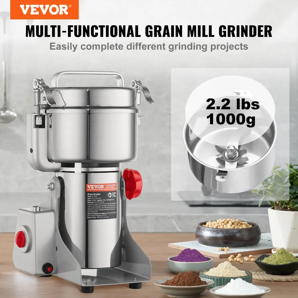 VEVOR  Electric Grain Mill Grinder  High Speed  Commercial Spice Grinders, Stainless Steel Pulverizer Powder Machine