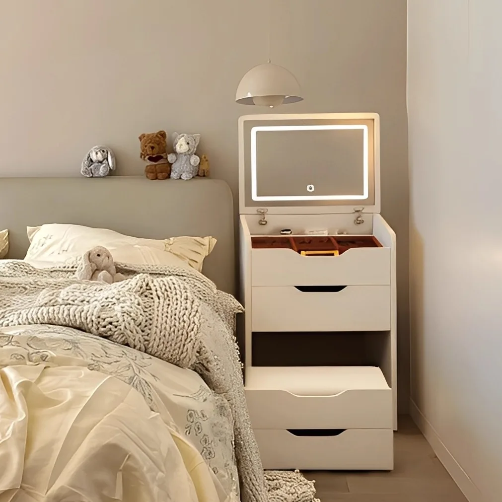 Small Solid Wood Bedside Dressing Table Bedroom Modern Simple Storage Cabinet Makeup Table with Integrated Makeup Mirror