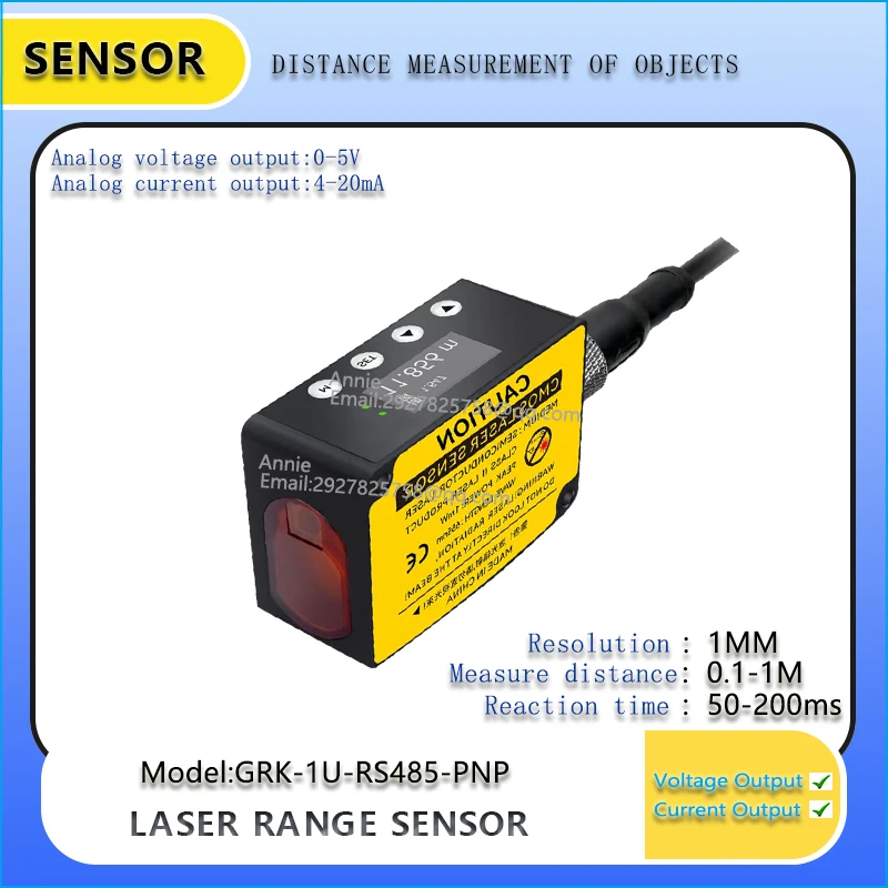 Measuring Distance 0.1-1m IP67 12V-24V DC CMOS Industrial Distance 1m Laser Ranging Sensor