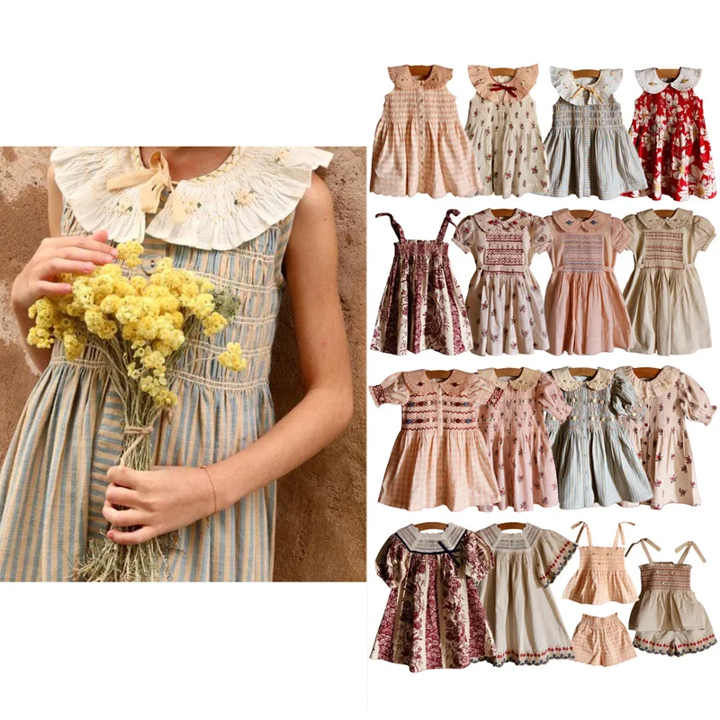 Pré-vente (fin du mois de mai) 2026 BD Robe d'été brodée pour bébés filles, chemises et jupes à imprimé floral, vêtements pour enfants