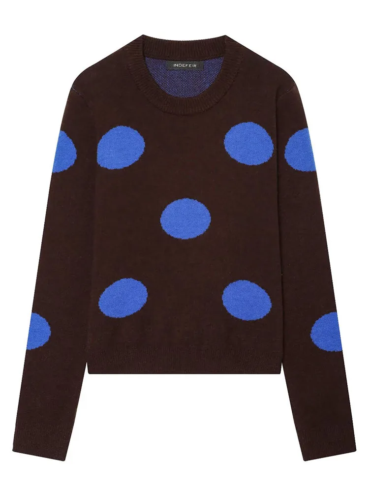 HH Women Autumn Winter Casual Dark Brown Blue Polka Dot Knit Sweater Crew Neck Long Sleeve Cropped For Work Office Daily Wear