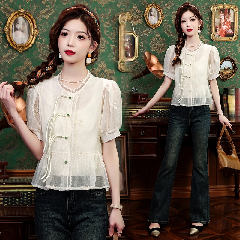 

New Chinese Sle Embroidered irt Women's Summer Thin Large Size Casual Versatile Top Button Cotton Blend ort Sve