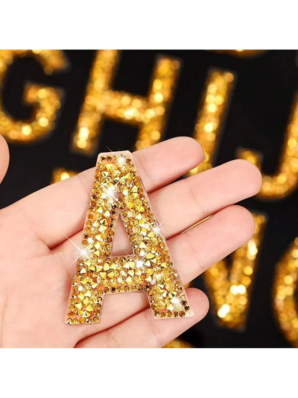 Rhinestone Iron On Patch Initial A-Z Pearl Bling Rhinestone Letter Patch Glitter Alphabet Rhinestone Pearl English Letter(Gold)