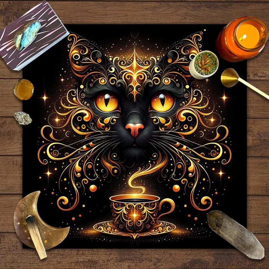 1pc Mystical Cat Altar Cloth with Enchanting Golden Eyes & Swirling Patterns-Polyester Tarot Spread Cloth for Witchcraft Altars