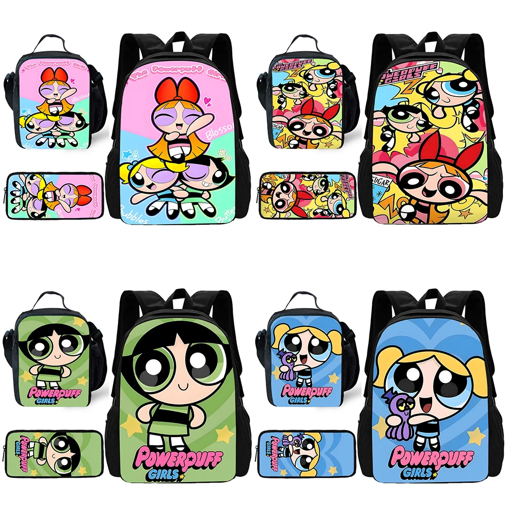 Mochila escolar para niñas de Anime Powerpuffs con bolsas para el almuerzo, bolsas para lápices, mochilas escolares para niños y niñas, el mejor regalo