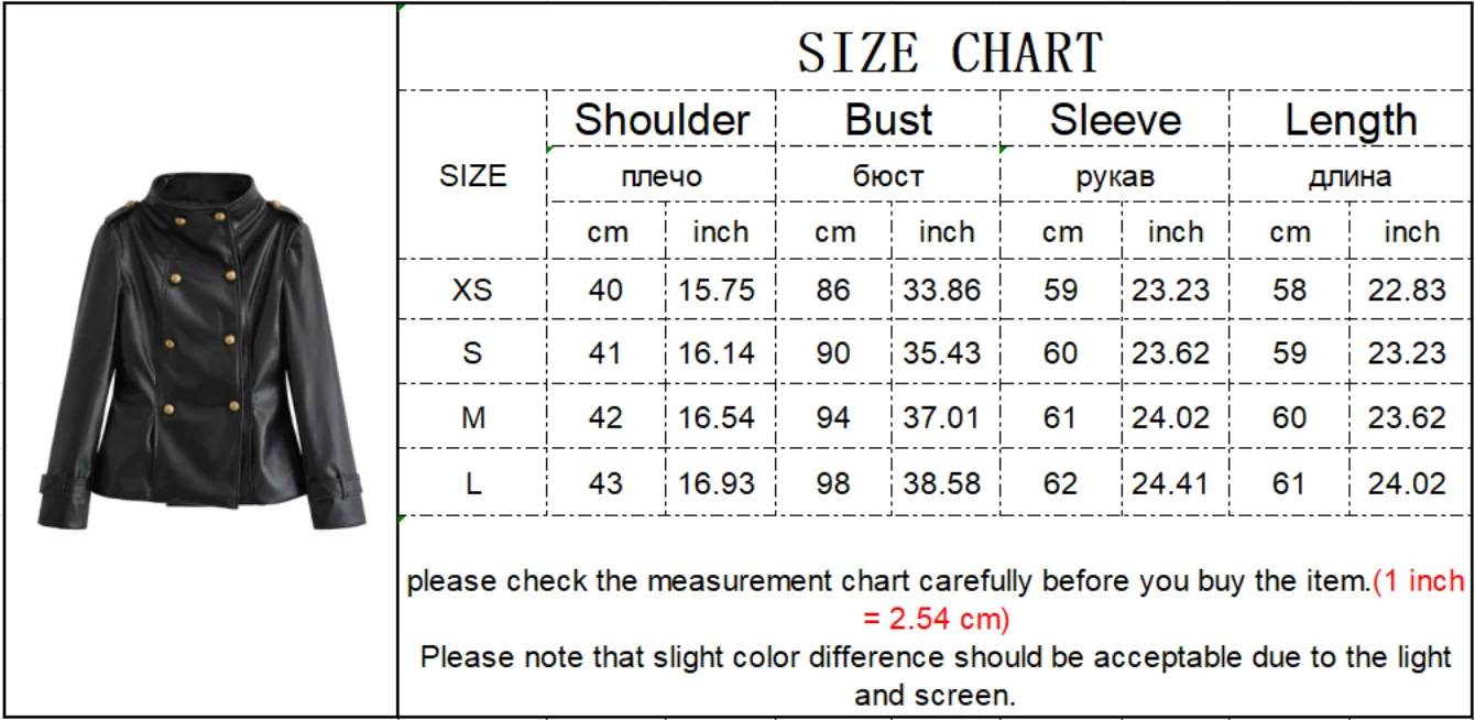 Women Stand Up Collar PU Jacket Chic Metal Buckle Faux Leather Black Jacket Leisure Double Breasted Long Sleeves Autumn Outfit