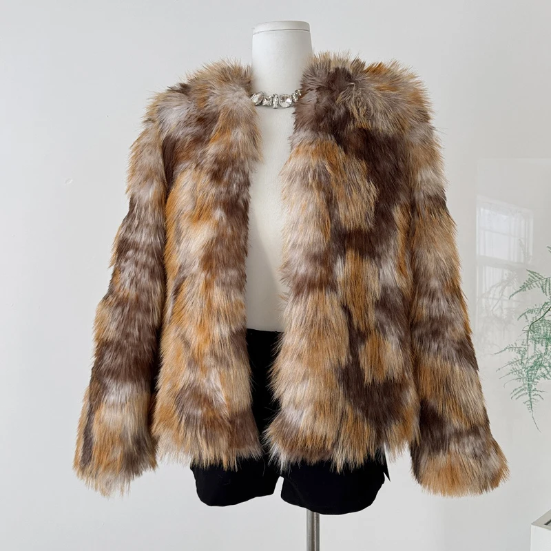 

Faux Fur Gradient Jacket Coat Women Autumn Winter Loose Casual Overcoat Female Thick Warm Outwear Vintage Fashion Jacket Coat