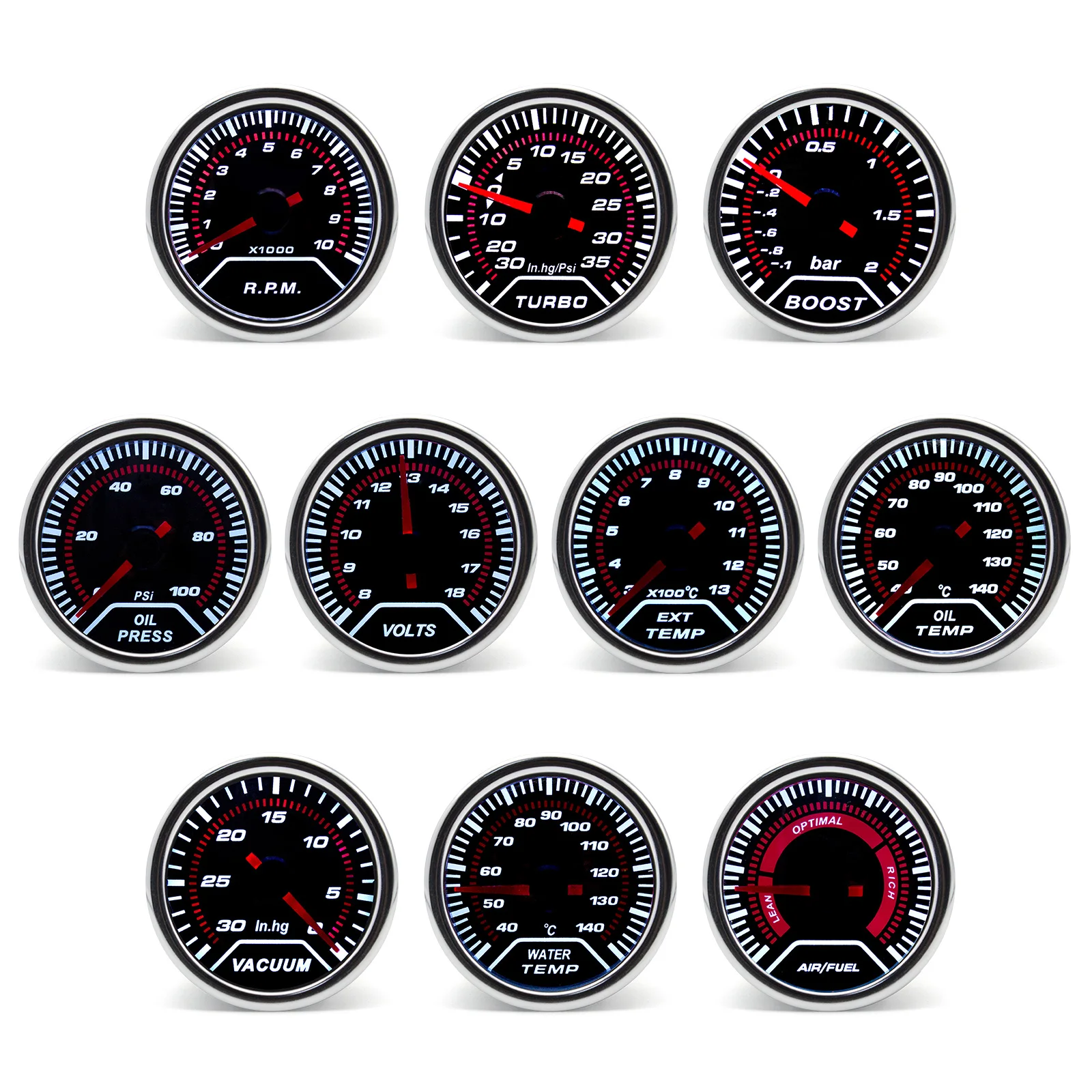 52mm Racing Gauge 12V LED Smoke Len -1~0~2 BAR Turbo Boost Water Temperature Oil Pressure Voltmeter Air Fuel Ratio Meter For 12V