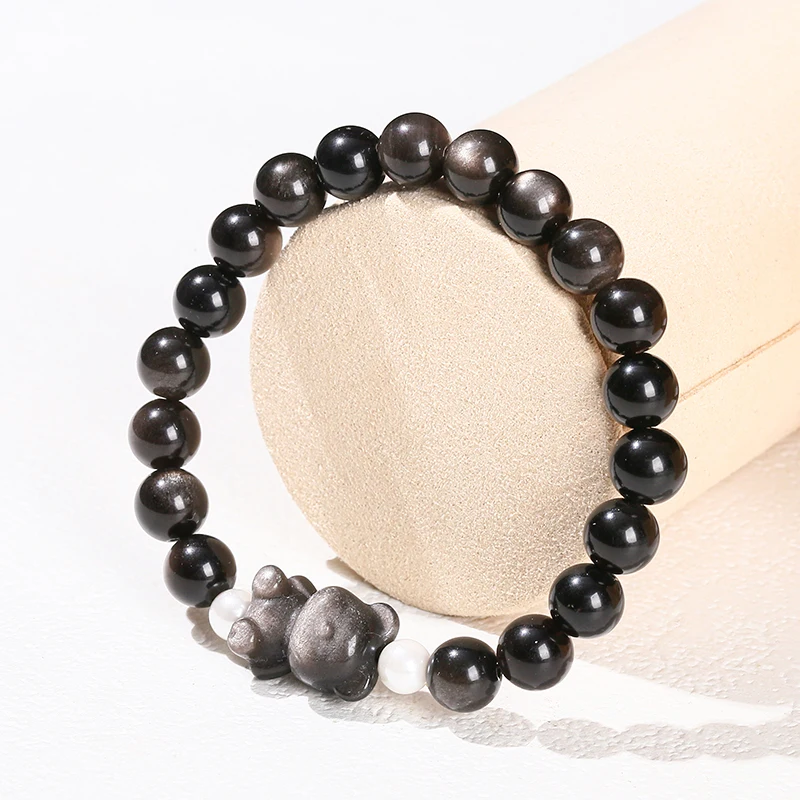 Natural Stone Cartoon Bear Cute Bracelets Women Vintage Silver Color Shiny Obsidian Carved Bead Stretch Bracelet Friendship Gift