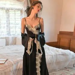 Sexy Nightdress Black Women's Set Silky Lace Nightgown Black French Vintage Spring Autumn 2023 New Elegant Nightwear Pajamas