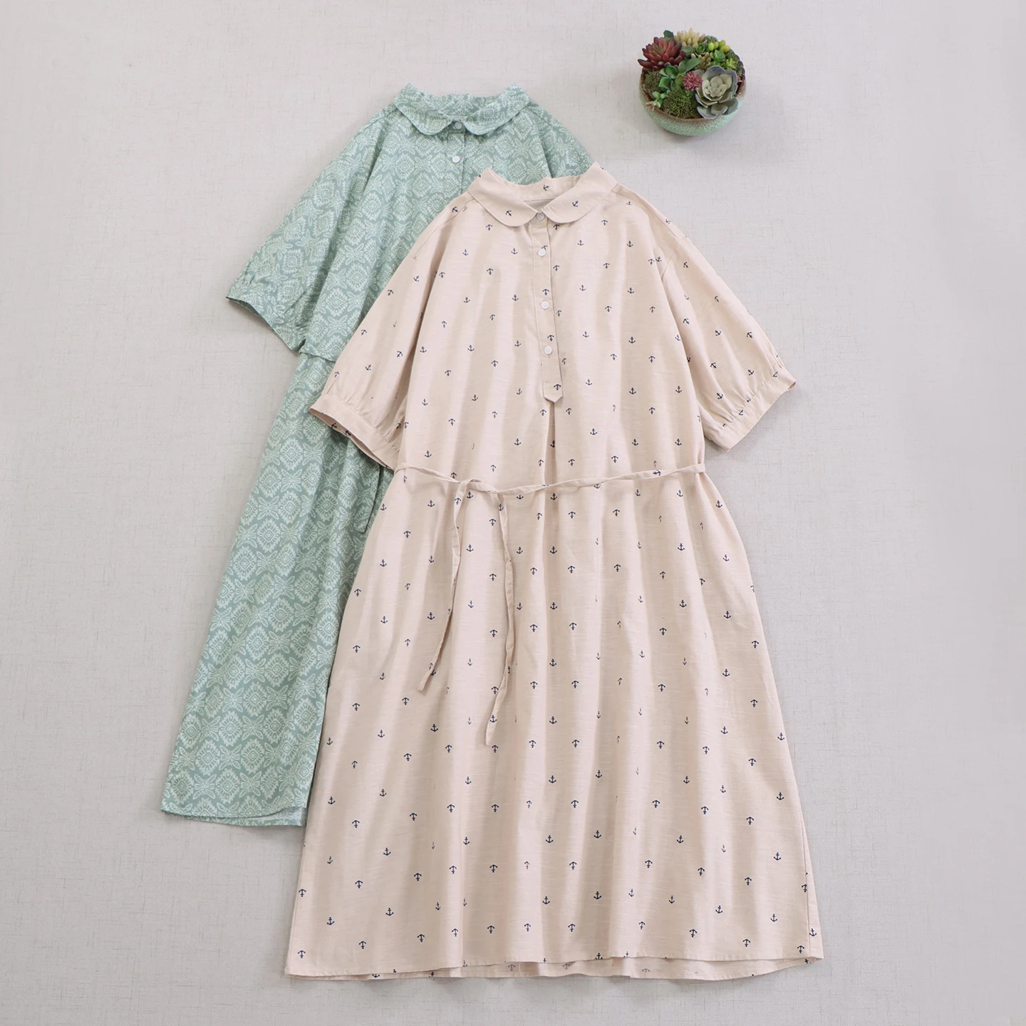 

Japanese Sweet Mori Girl Printed Button Up Shirt Dress Women Summer Turn Down Collar Short Sleeve Casual Loose Midi Dresses