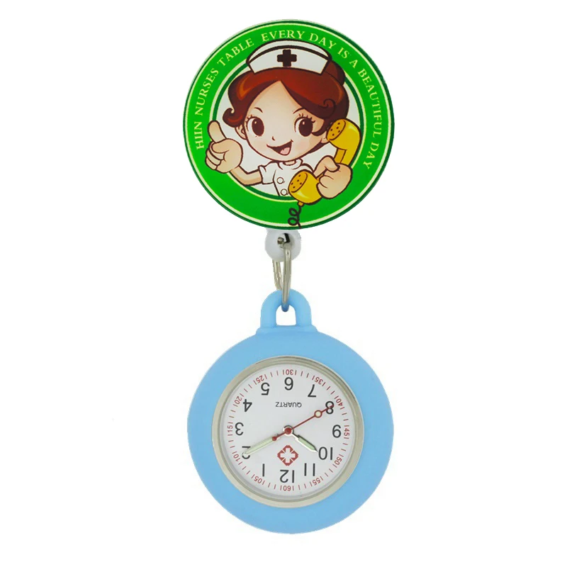 Yijia Cartoon Intrekbare Badge Reel Medische Zakhorloge Voor Verpleegkundige Met Kleurrijke Rubber Case En Lichtgevende Pointer