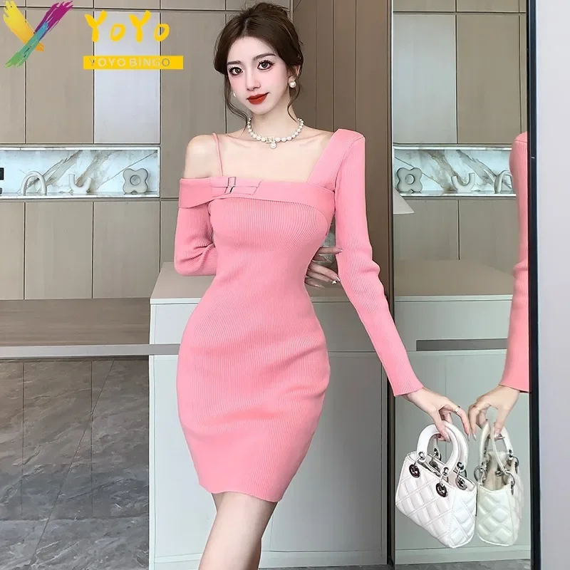 

Fashion Sexy Knitted Off Shoulder Slant Neck Long sleeve Dress Women Soft Elastic Spring Slim Bodycon Nightclub Dress Sweater