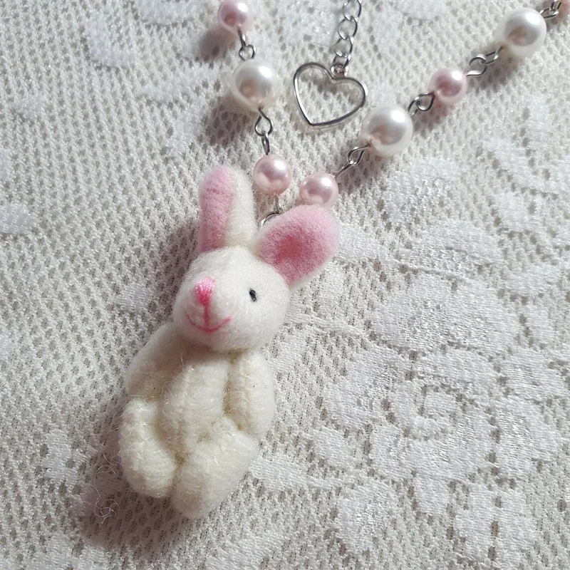 Kawaii Soft Plush Bunny Pendant Necklace Cute Fashion Animal Pink Beaded Chain Y2K Fairy core Coquettish Aesthetic Jewelry Gift