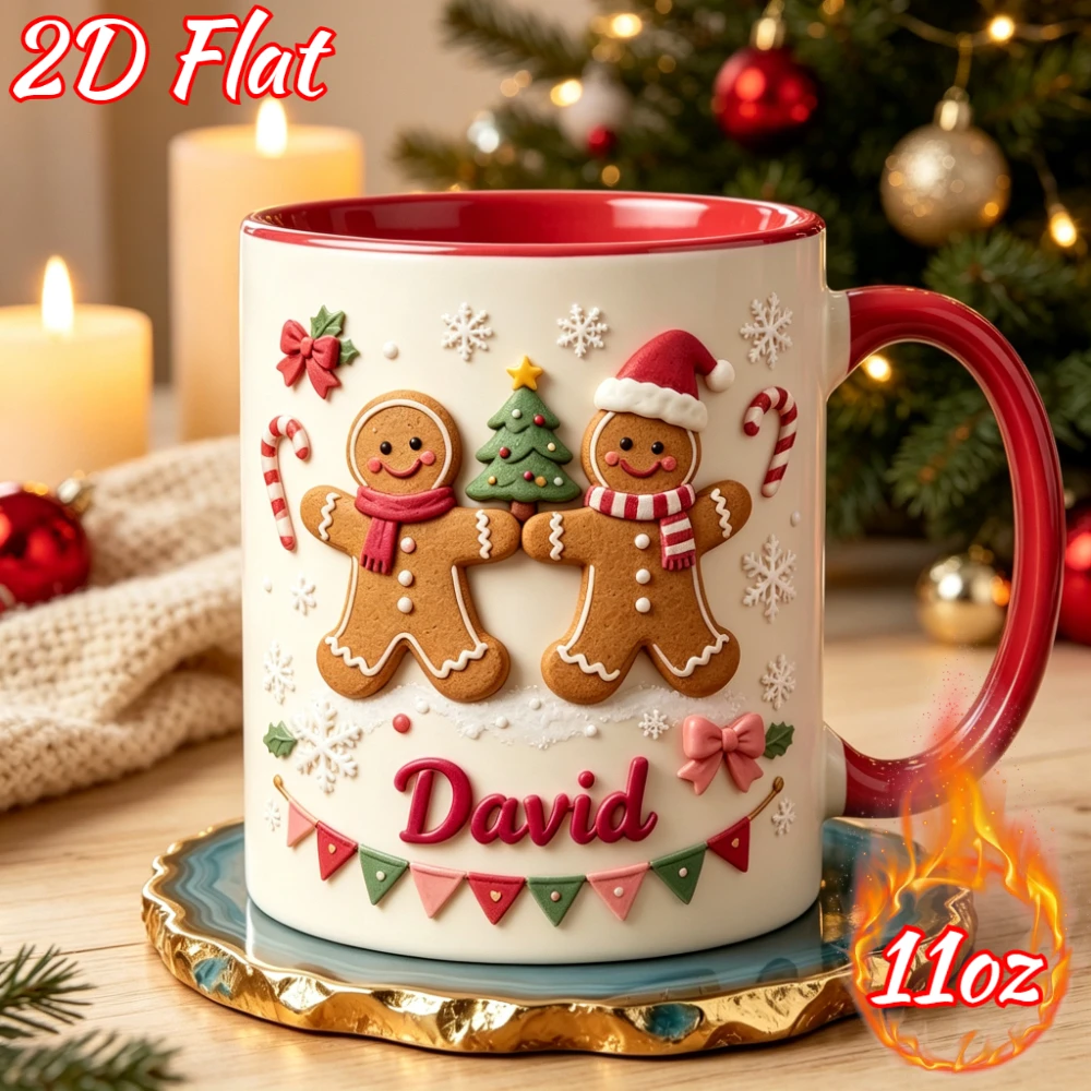 Personalized 2D Flat Print Christmas Gingerbread Man Mug Snowflake Design 11oz Ceramic Coffee Cup Gift