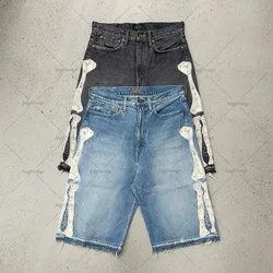 New American Retro Washed Jeans High Street Personalized Skull Embroidered Shorts Men Y2K Harajuku Fashion Casual Straight Pants