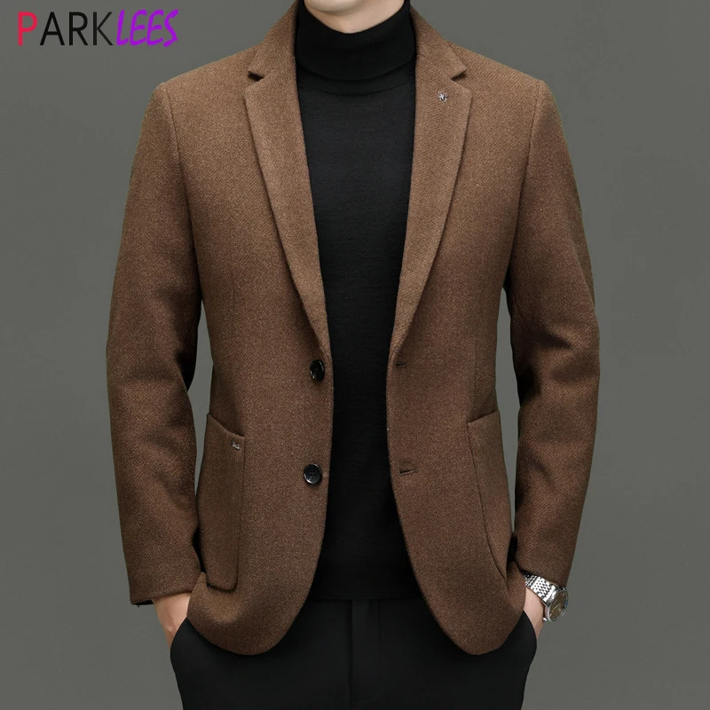 Mens Retro Wool Blazer Jacket 2023 Winter New Slim Fit Single Breasted Cashmere Jacket Coat Formal Business Wollen Blazer Homme