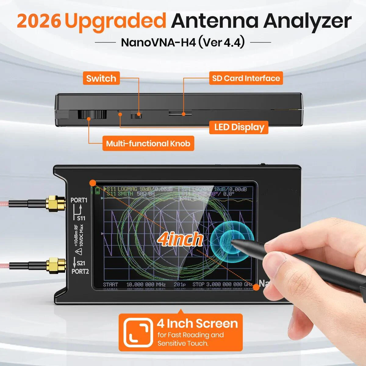 Vector Network Analyzer NanoVNA-H4 4inch Measurement frequency 9KHz-1.5GHz MF HF VHF UHF Antenna Analyzer Version 4.4 with S