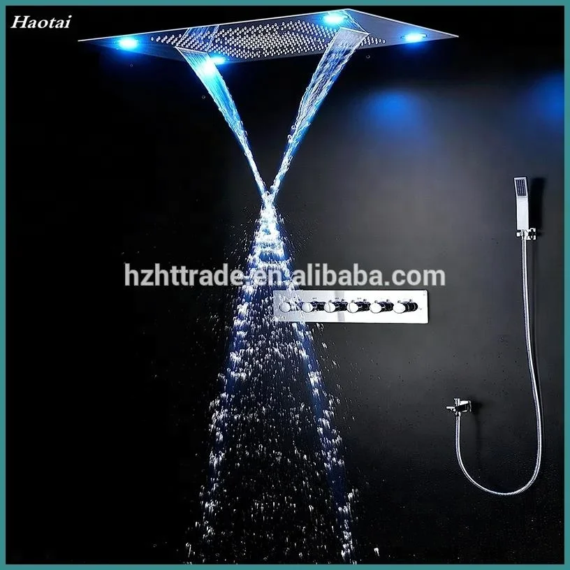 Modern Stainless Steel LED Fixed Shower Head with Jet Spray Pattern Thermostat Rainwater Faucet Design Hotel Ceiling Overhead