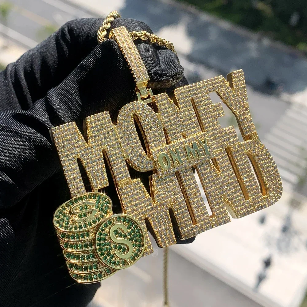 2025 Hot Selling Men Boy Jewelry Shiny Green Enamel Cubic Zircon CZ Money On My Mind Pendant With Rope Chain Hip Hop Necklace