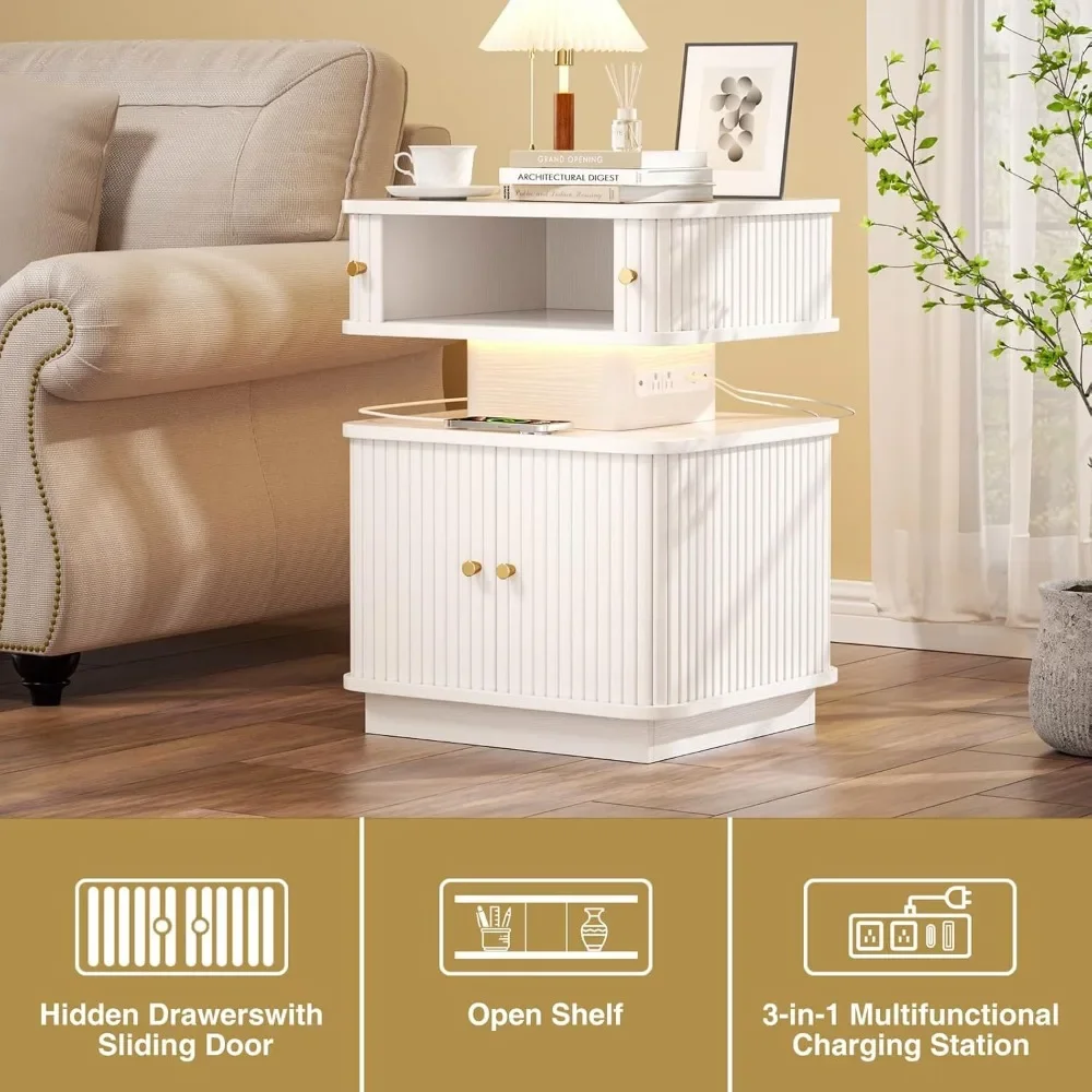 Contemporary 2-Drawer Nightstand with LED Lighting and Charging Port, Sliding Door Design