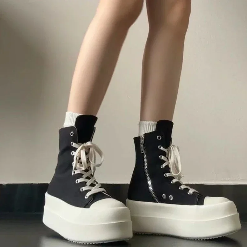 Sepatu bot pendek bertali untuk wanita, sepatu bot Ankle, sepatu kanvas High-Top bertali, sepatu desain trendi musim semi musim gugur