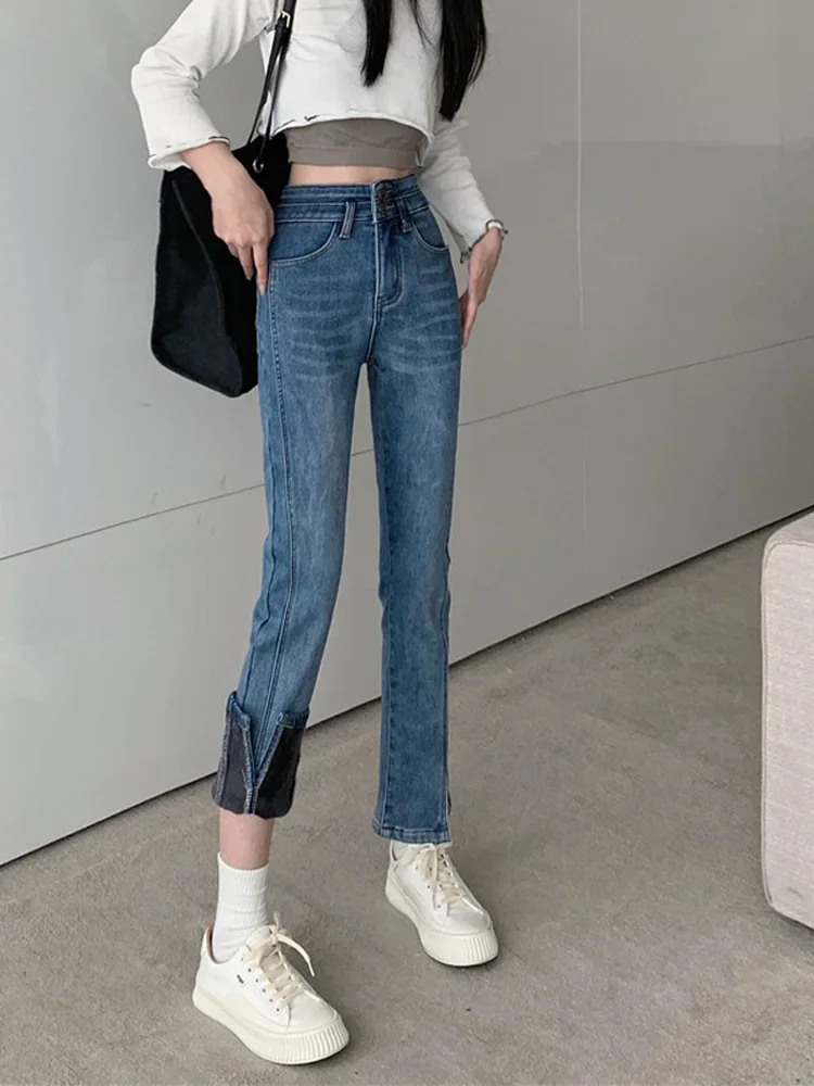 High Waist Straight Leg Stretchy Denim Jeans Women's Early Spring Large Size Slimming Split Nine Point Smoking Pipe Pants Summer