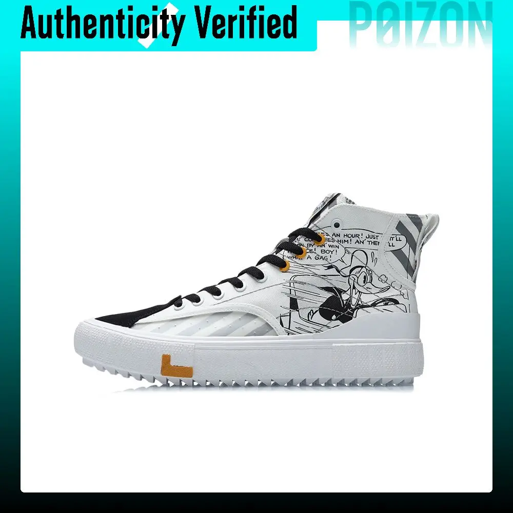 Li Ning Disney Textile, Synthetic Leather Comfortable Thermal High top Skateboard Shoes Unisex White Black AGCR179-3