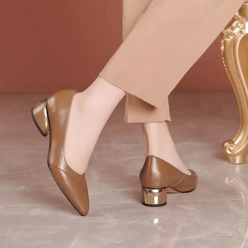 Office Formal Pointed Toe Normal Leather Casual with Medium Heels Shoes for Women 2024 Ladies Summer Footwear on Sale Non Slip