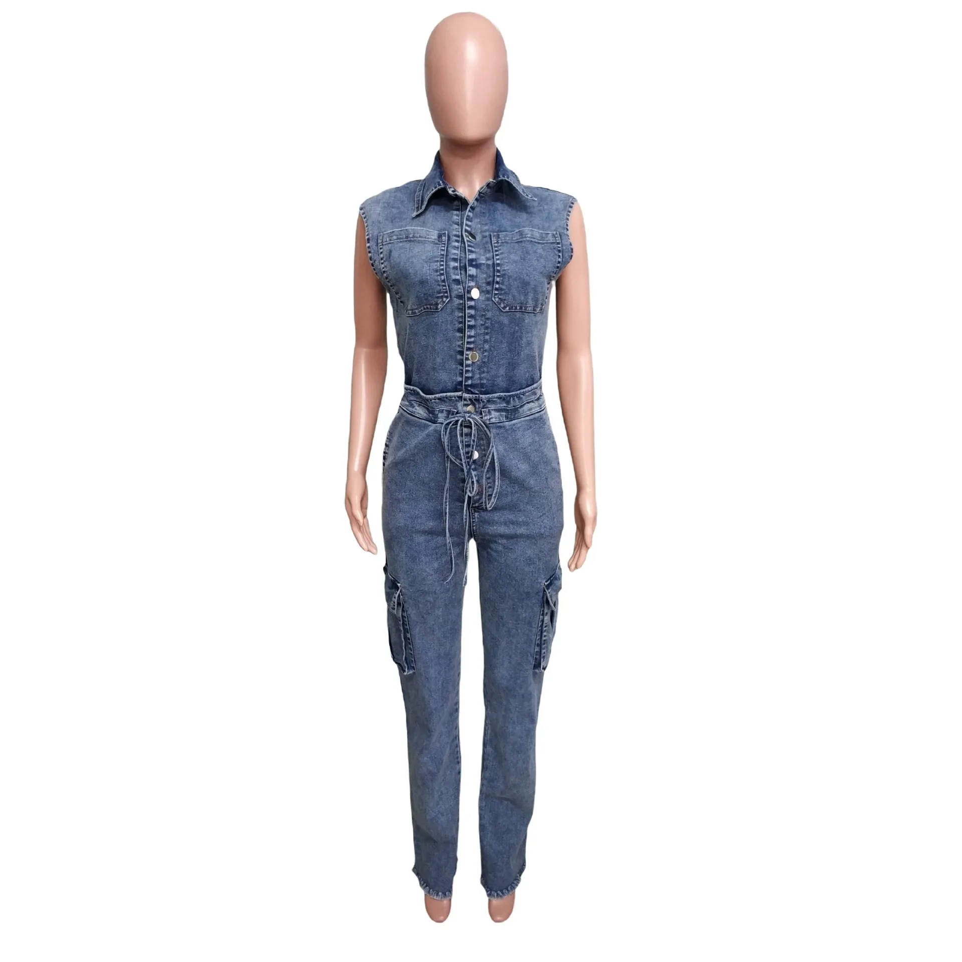 Women Denim Sashes Cargo Jumpsuit Sleeveless Turn-down Collar Single Breasted Rompers Washed Fashion Outfit 2024 Summer