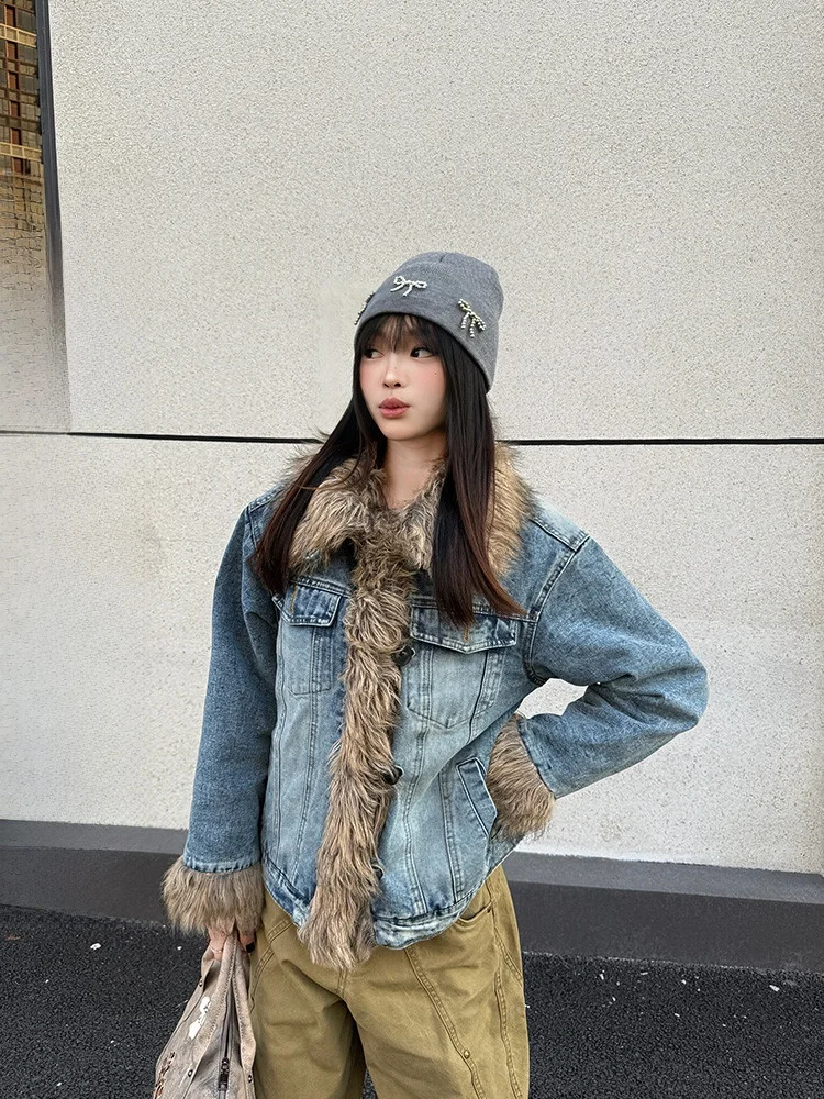 

Aged American Sle Denim Jaet with Cotton Insert And Fur Collar ex Streetwear Thiened Long Sve Coat for Winter