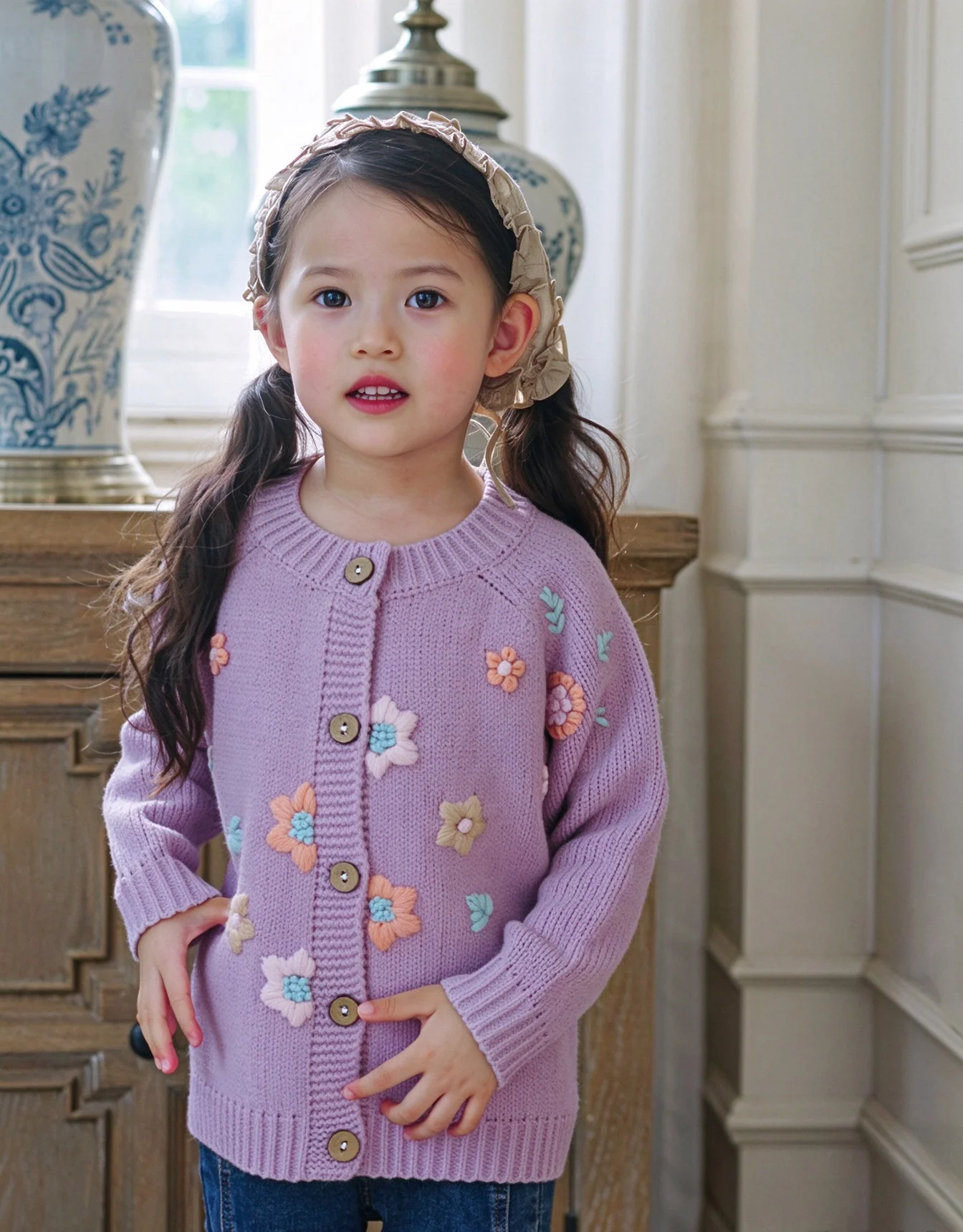 New 2026 Autumn Winter Girls' Baby Hand Embroidered Floral Pink-Purple Knit Cardigan, Coconut Button Crew Neck Versatile Coat