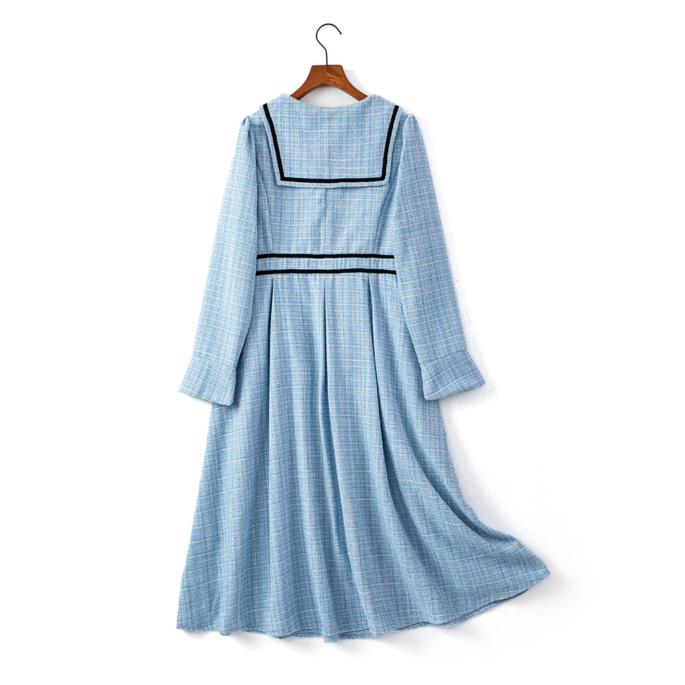 Plus-size Women's Spring/Fall Casual Commuting Loose Comfortable dress Blue plaid navy collar pleated long-sleeved dress large