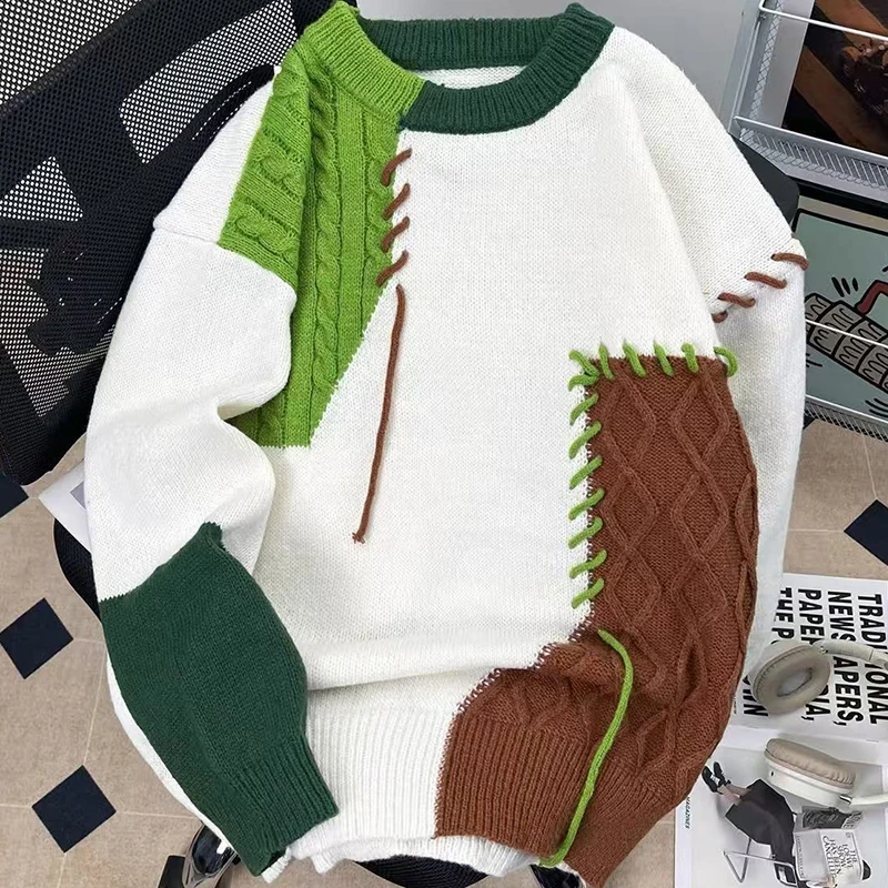 

Y2K осенне-зимний трикотаж, пуловеры, свитер, мужской лоскутный свитер, уличная одежда, новый высококачественный вязаный пуловер, мужской