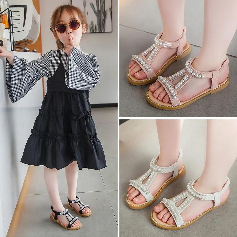 New Children Beach Outdoor Toddler Sandals Fashion Kids Summer Shoe Baby Open Toe Girls Pearl Sandals Flat Non-slip Princes Shoe