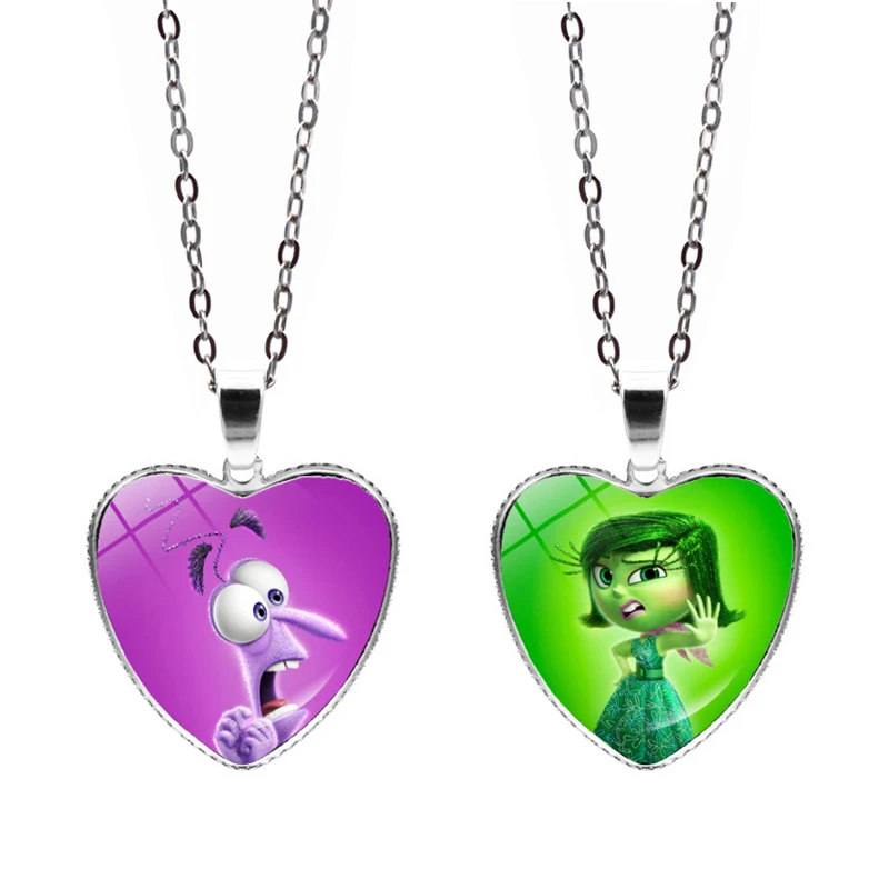 

New Disney Anime Inside Out 2 Heart Necklaces Chain Cartoon Pattern Glass Pendant Jewelry Kids Toys Birthday Gift