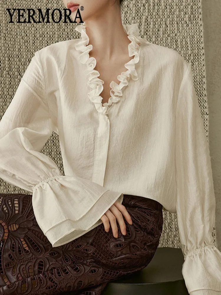 

YERMORA Apricot Ruffles V-Collar Thin Elegant Blouse For Women Long Sleeve Loose New Shirt Fashion Tide Spring Summer 2026