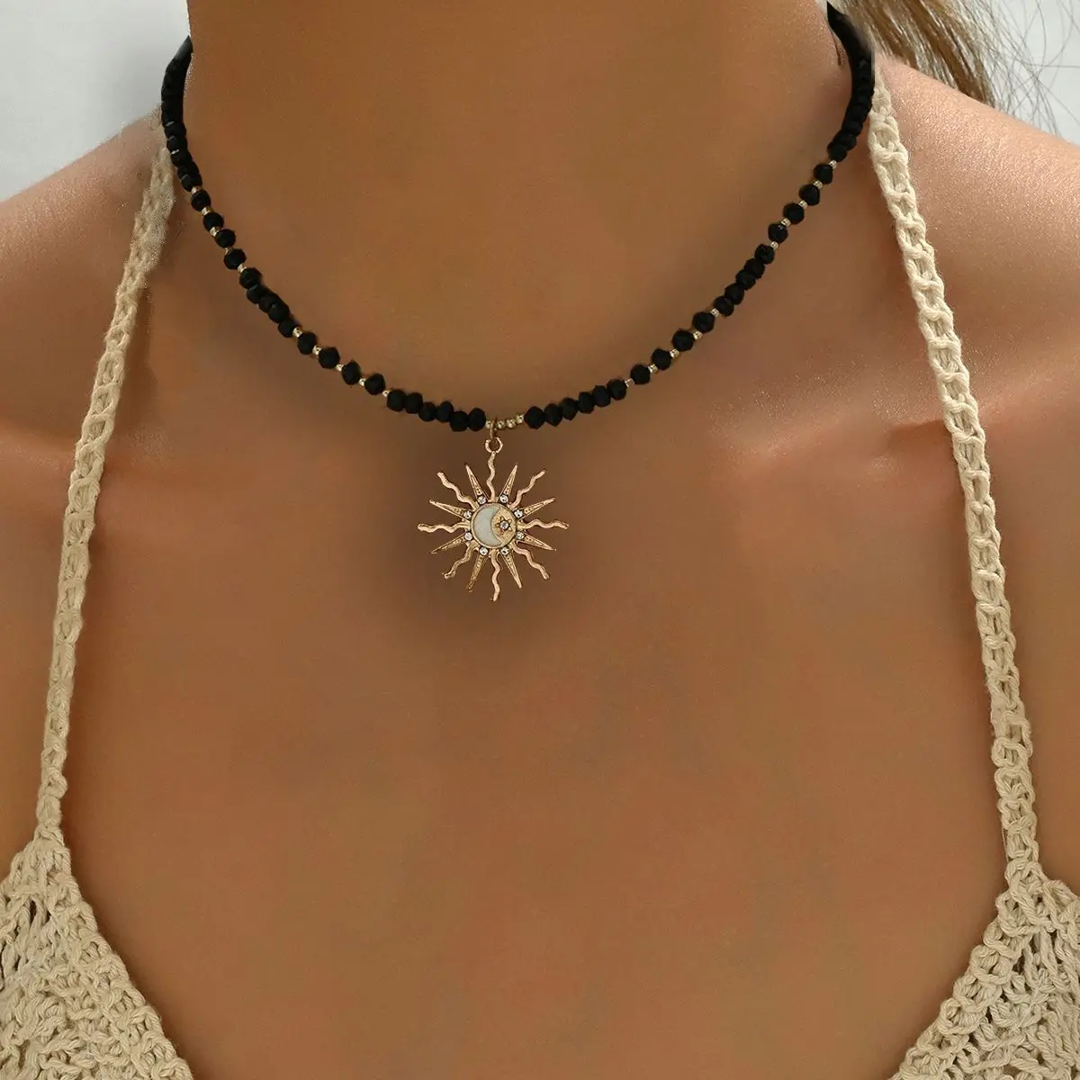 Vintage Metall Sun Star Kristall weiße Perlen Anhänger Halsketten für Frauen Mond Choker Halsketten Boho handgemachte Schmuck Geschenke – Detail 3