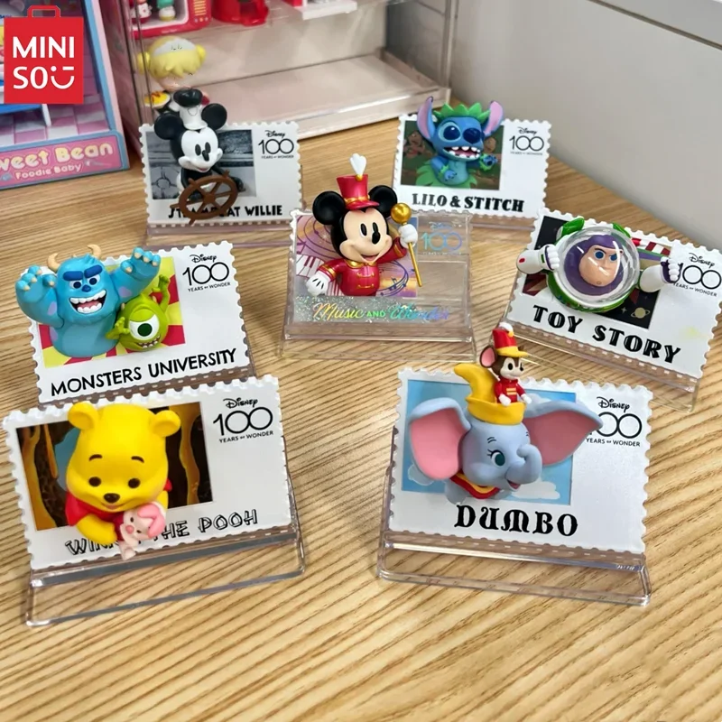 MINISO Disney 100th Anniversary Retro Stamp Blind Box Mickey Mouse Pooh Bear Refrigerator Magnet Children's Toy Birthday Gift