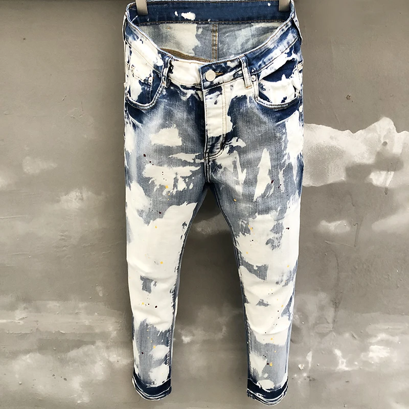 Jeans skinny rétro pour hommes, pantalon de moto bleu, jean blanc peint à jet d\'encre, streetwear, fjcommisted