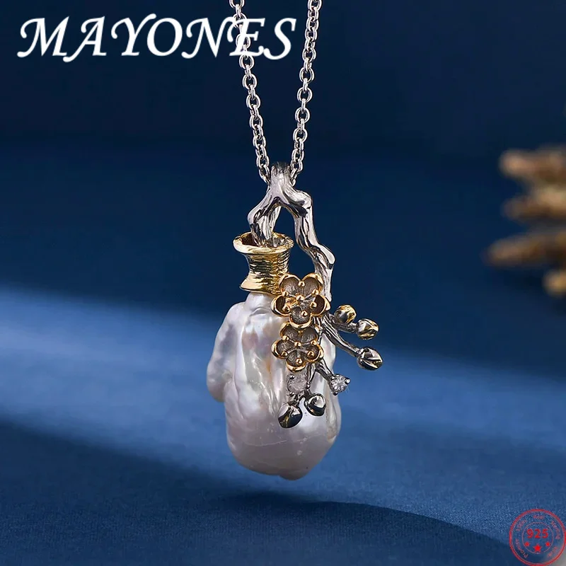 

S925 Sterling Silver Pendants for Women New Fashion Gold Plated Flower Inlaid Baroque Irregular Pearl Punk Jewelry Free Shipping