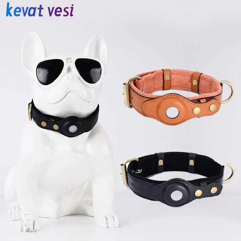 Leather Dog Collar with Airtag Holder Adjustable Pet Collar Anti-Lost Pets Collar for Dogs Gps Tracker Necklace Pet Accesories