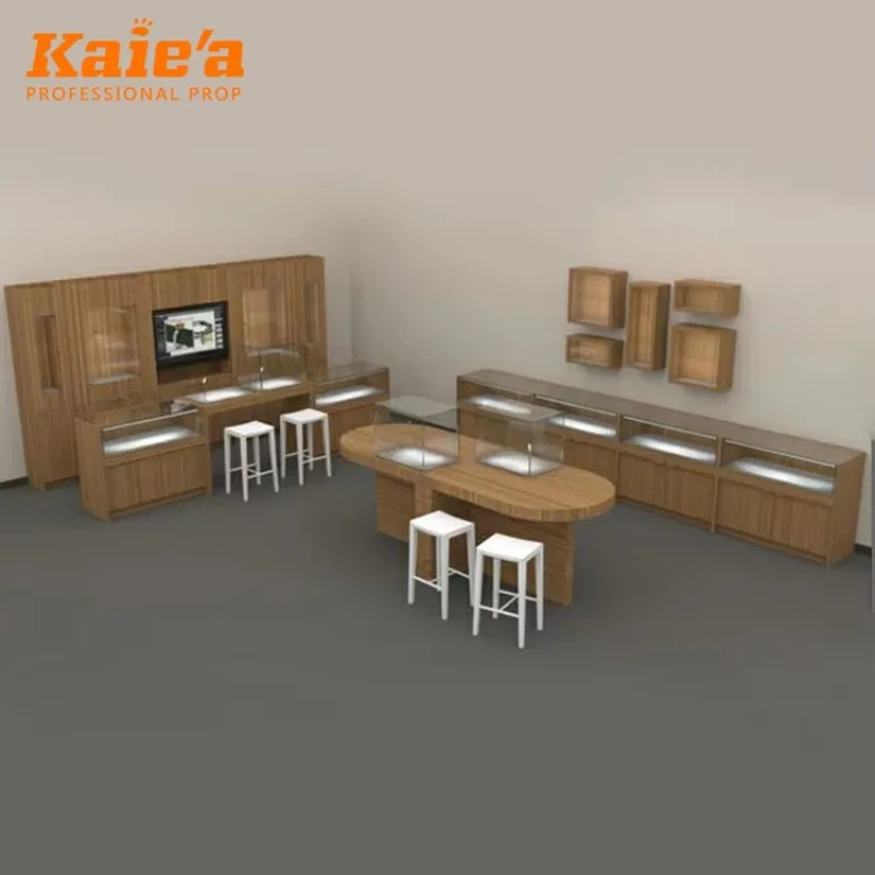 Factory Jewelry Display Showcase Kiosk Counter Design for Retails Store Luxury Gold Glass Jewelry Shop Showroom Showcase