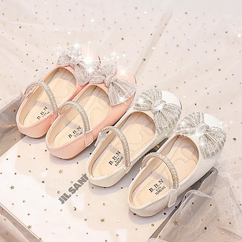 Children Mary Janes for Party Wedding Shows Girls Flats Shiny Rhinestones Bow Round-toe 2024 Kids Shoes Non-slip Moccasin Shoes