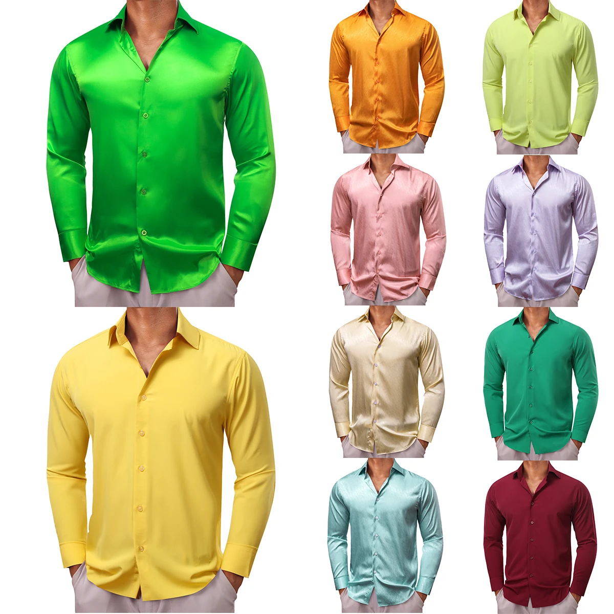 Barry Wang Shirts for Men Long Sleeve Silk Solid Satin Red Green Blue Pink Purple Gold Casual Male Blouses Luxury Clothing